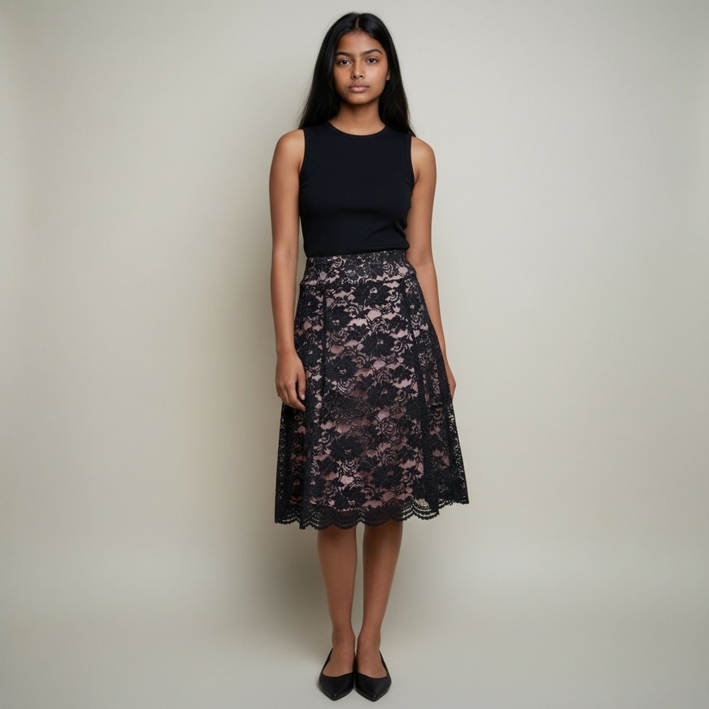AXCESS Black Sheer Lace Midi Skirt Pink Lining 2 Whimsigoth Grunge Dark Fairy